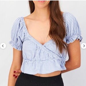 Forever 21 Blue Gingham Tie-Front Puff Sleeve Crop Top